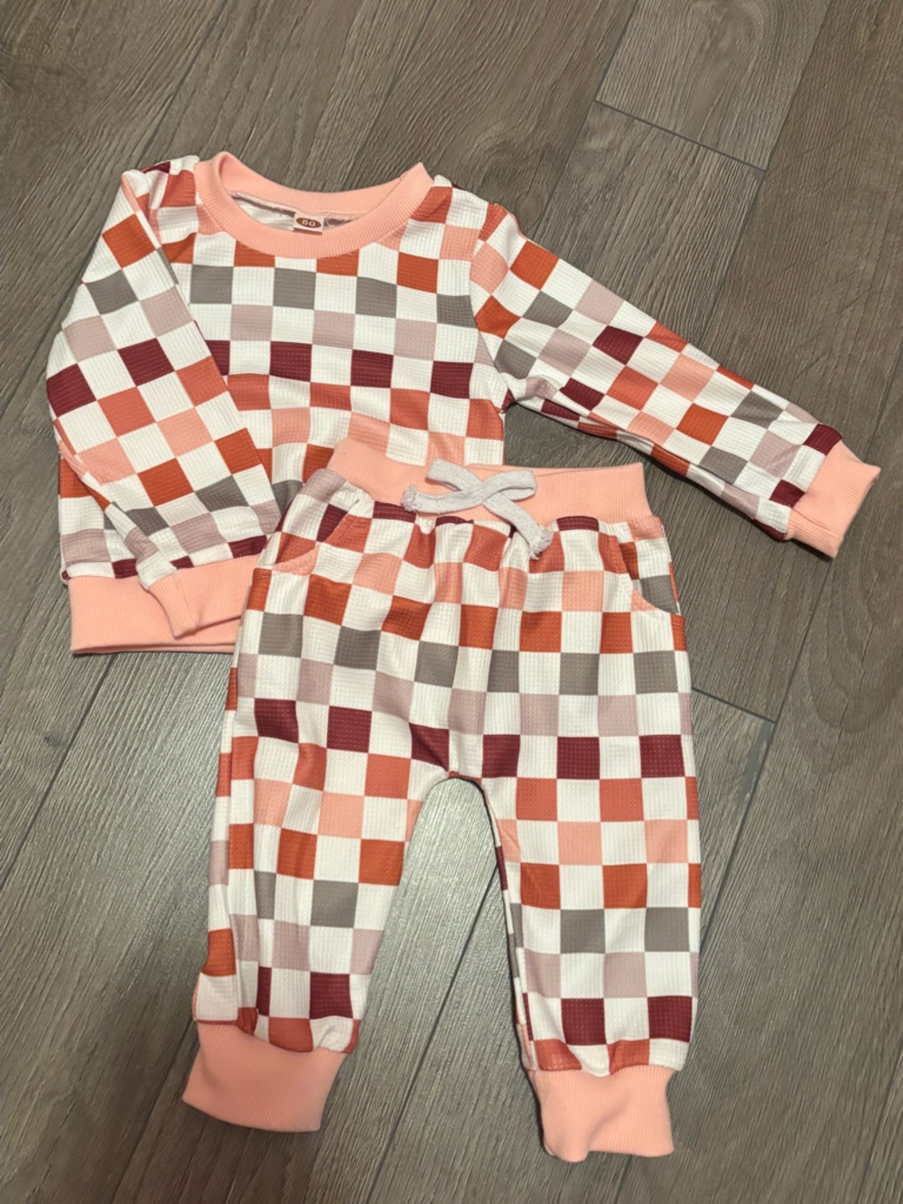 Checkerboard Knit Loungewear Set - Peach, Rust & Cream